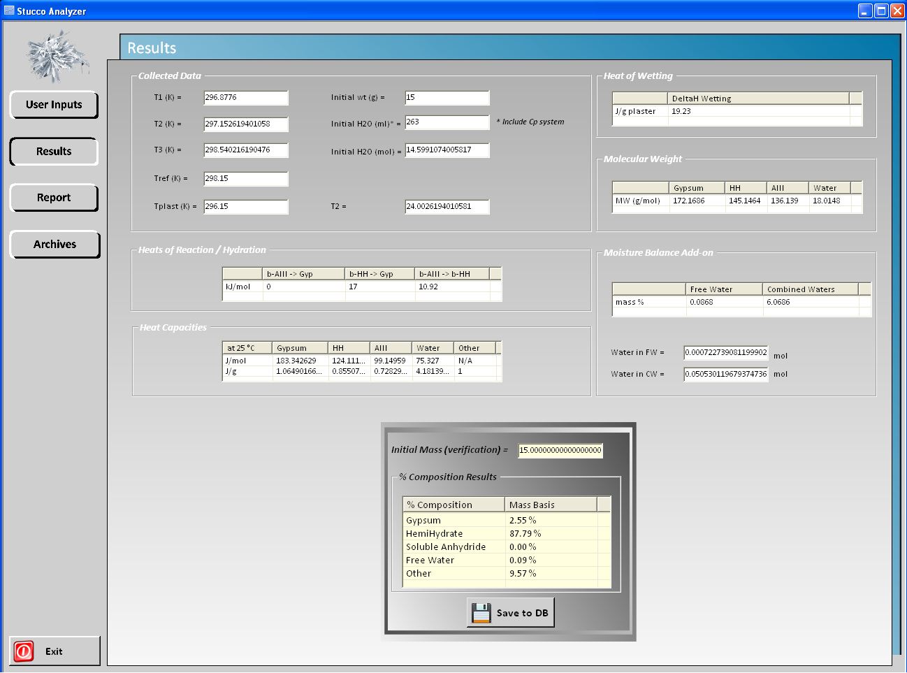 Screen shot of the Stucco Analyzer test results